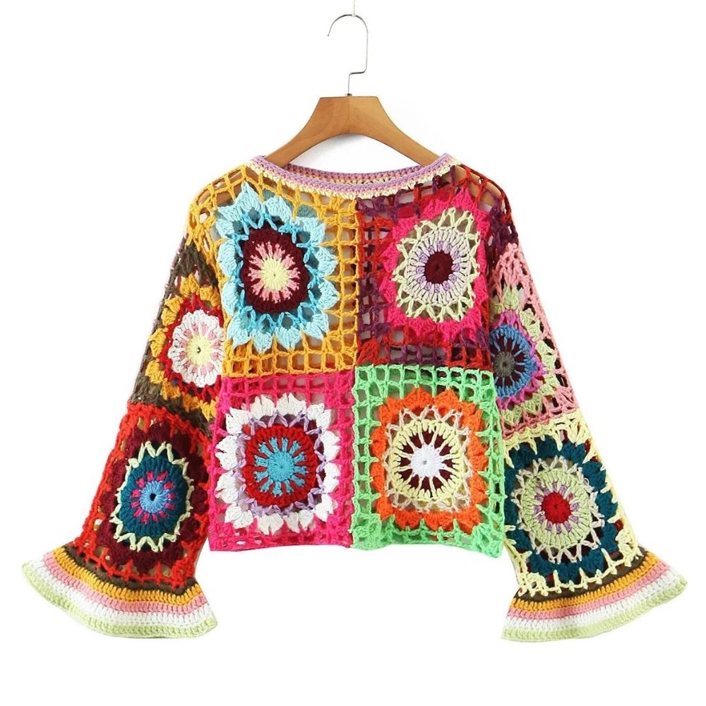 Bohemian Handmade Crochet Granny Square Long Sleeve Crew Neck Cute Summer Tops - Picture 1 of 5